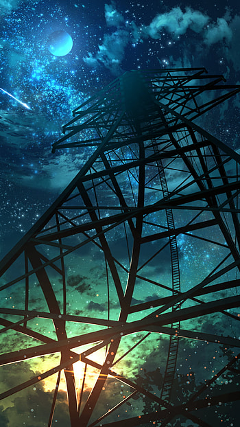 Tower framed by a beautiful night sky, tower, starry sky, sky, Anime, Original, Sky Anime HD phone wallpaper