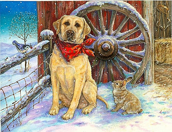By Donna Race, winter, dog, bunny, animaldonna race, painting, bird, art HD wallpaper