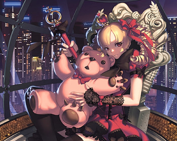 Teddy Bear, toy, night, blond hair, dressw, blonde, twin tails, long hair, beauty, nice, twintails, blonde hair, loli, female, sweet, blond, scene, ribbon, twintail, girl, beautiful, anime girl, anime, pretty, twin tail, lolita, gown, lovely HD wallpaper