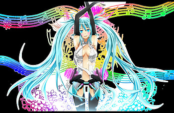 hatsune_miku, black, cute, vocaloid, long hair, dress, miku, music, abstract, flower, female, sexy, hatsune miku, hot, blue hair, girl, anime girl, music note, anime, fantasy HD wallpaper