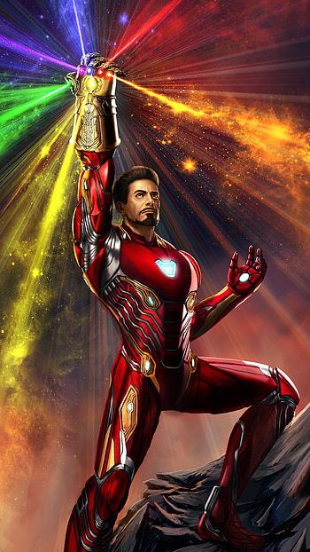 Iron Man Wielding Infinity Gauntlet, Robert Downey Jr., Iron Man, Avengers, Tony Stark, movie, Avengers EndGame HD phone wallpaper