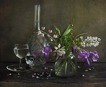 still life, simple, wild flowers, glass, bottle HD wallpaper