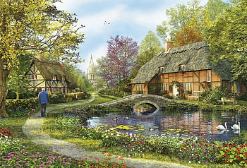 Meadow Cottage, river, bench, swans, barrow, bridge, flowers, cottage, church HD wallpaper