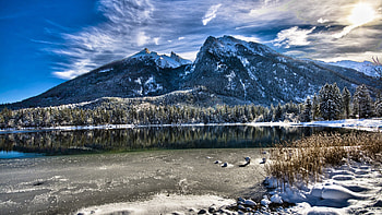 winter snow, forest, mountains, lake, reflection, snow, trees HD wallpaper