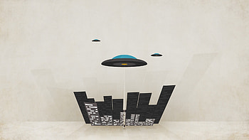 Preview plates, minimal walls, city, ufo, minimalism, flying HD wallpaper