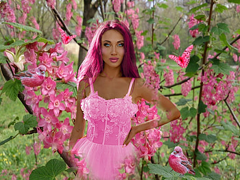 Perfectly Pink Ladies 4, girl, flowers, colorful, birds, vibrant, butterflies, pink, vivid, green, blossoms, bright, bold HD wallpaper