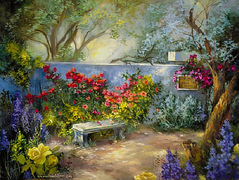 Stop & Smell the Roses, bench, roses, sign, painting, trees, wall HD wallpaper