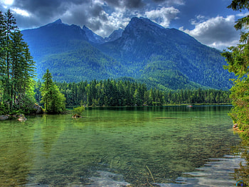 Mountains in Bavaria, Germany, clouds, trees, germany, nature, forest, lake, mountain HD wallpaper