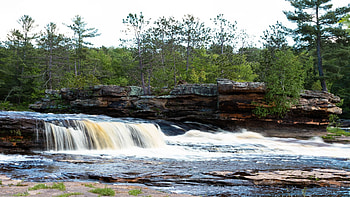 Forest Stream at Sandstone, Minnesota, river, clouds, cascades, trees, sky, rocks, usa HD wallpaper