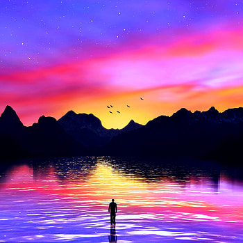 Sunset, Art, Mountains, Sea, Silhouette, Multicolored, Motley HD wallpaper