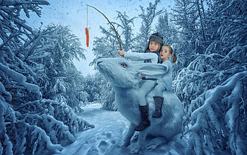 Winter tale, winter, blue, cute, creative, sister, snow, couple, rabbit, white, children, situation, girl, tree, tale, fantasy, funny, dream, child HD wallpaper