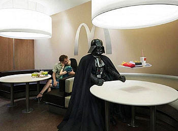 A break from the Dark Side, table, lunch levitating, couple kissing, mcdonalds, darth vader HD wallpaper