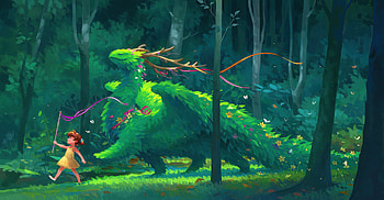 Little adventurous girl along with a mystical creature, sandara, art, fantasy, green, firest, girl, forest, creature HD wallpaper