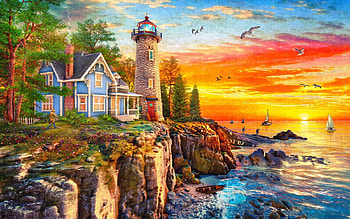 Rocky Cliff Lighthouse, sea, rocks, artwork, digital, clouds, trees, sky, cottage, sunset HD wallpaper
