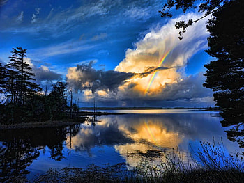 Night over the lake, blue, colorful, reflection, landscape, nature, water, fire, lake HD wallpaper