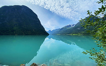 Norwegian Summer at Briksdal, trees, sky, mountains, lake, glacier HD wallpaper
