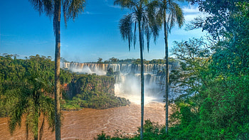 mighty massive waterfall, palms, river, waterfall, massive, spray HD wallpaper