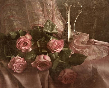 Still Life Pink, silky, pink roses, cloth, pewter pitcher HD wallpaper