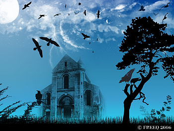 The End, blue, crows, fantasy, monastery, spooky, silhouette HD wallpaper