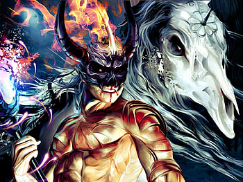 Demon, white, horse, horns, art, man, skull, bruno wagner, fantasy, game, kerselfu, legend of the cryptids, fire HD wallpaper