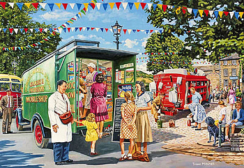 Mobile Shop, village, car, artwork, painting, trees, people, vintage HD wallpaper
