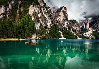 Lake Braies on the Dolomite mountain, Boats, Lake, Italy, Clouds HD wallpaper