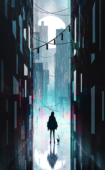 Art, Vector, Building, Silhouette, Cat, Girl, Loneliness HD phone wallpaper