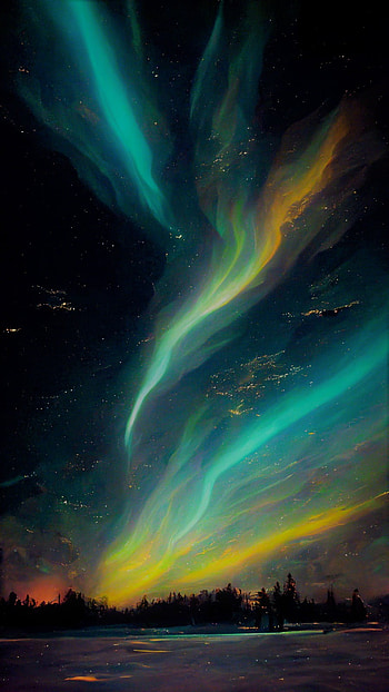 Northern Light, sky, green, blue, yellow, northernlights, trees HD phone wallpaper