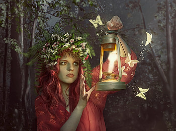 Fairy forest, girl, fairy, butterfly, fantasy, light, flower, luminos, redhead, lotta lotos, wreath HD wallpaper