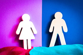 Cutout figures of a man and woman on vibrant purple and blue backgrounds. HD wallpaper