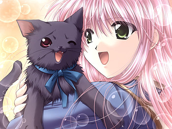 Anime Holding Kitten, blue, pink, kitty, anime, ribbon, bubbles, hair HD wallpaper