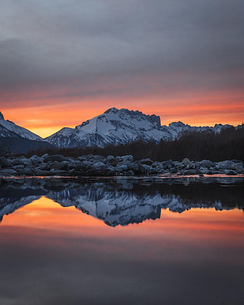 Nature, Sunset, Twilight, Snow, Mountain, Lake, Dusk HD phone wallpaper