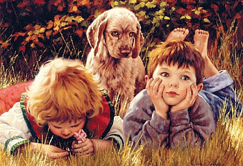 Let's Do Something !, dog, artwork, children, resting, painting HD wallpaper