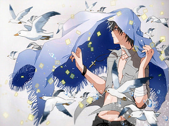 Anime Boy, hishi, Gray Hair, Anime, Original, Light, Cute, Yellow, Boy, Short hair, Blue Eyes, Cape, Blue, Birds, Male HD wallpaper
