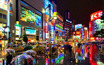 Abstract City Lights , traffic, rain, city, passersby, weather, people, buildings, neon, abstract, lights HD wallpaper