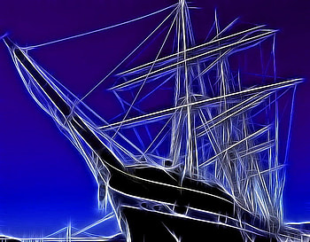Ghost ship, blue, masts, black, ship, abstract HD wallpaper