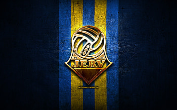 Jerv FC, golden logo, Eliteserien, blue metal background, football, norwegian football club, FK Jerv logo, soccer, FK Jerv HD wallpaper