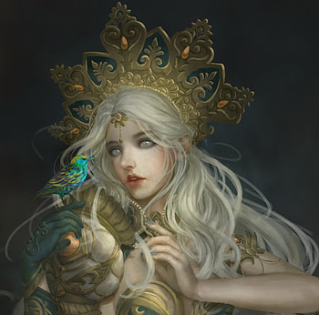 The bird, yellow, face, girl, jin yoo pon, blue, frumusete, bird, art, jinyoopon, fantasy, luminos, pasari HD wallpaper