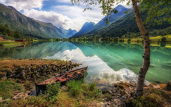 Sogn og Fjordane, evening, mountain lake, mountain valley, mountain landscape, Norway HD wallpaper