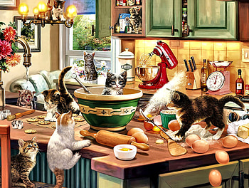 Kitten Kitchen Capers FC, animal, art, cats, feline, beautiful, illustration, kittens, artwork, wide screen, painting, pets HD wallpaper