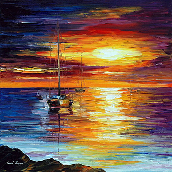 Calm sea, sea, boat, art, summer, leonid afremov, painting, pictura, water, vara, sunset HD wallpaper