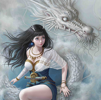 Girl and dragon, blue, white, frumusete, art, girl, dun poe, fantasy, dragon, dunpoe, luminos HD wallpaper
