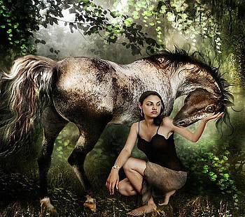 The Lady & the Horse, lady, horse, abstract, 3d, fantasy, art, girl, forest HD wallpaper