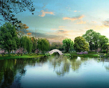 Peaceful Place, place, painting, art, bridge, sky, nature, peaceful, water HD wallpaper