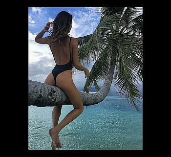 Young Girl balancing on a palm tree, Sexy, Water, Palm Tree, Beauty HD wallpaper