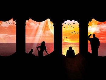 Colourful Sunset, windows, people, silhouette, sunset, ocean HD wallpaper