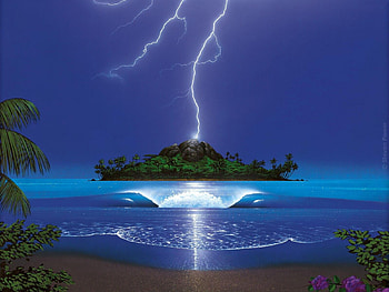 ISLAND LIGHTNING, sea, lightning, art, weather, islands, ocean, beach HD wallpaper