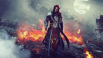 World of Warcraft, eddy shinjuku, man, elf, armor, moon, fantasy, wow, game, luna, luminos, fire, warrior HD wallpaper