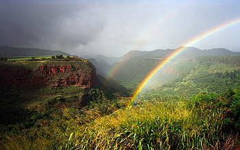 double rainbows in a green canyon, canyon, green, clouds, trees, mountains, rainbows HD wallpaper