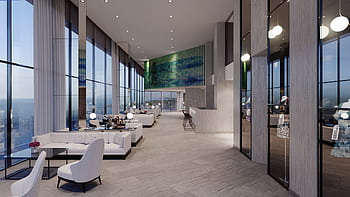 Modern hotel lobby in Bodrum with panoramic sea views, ideal for relaxation or business meetings. HD wallpaper